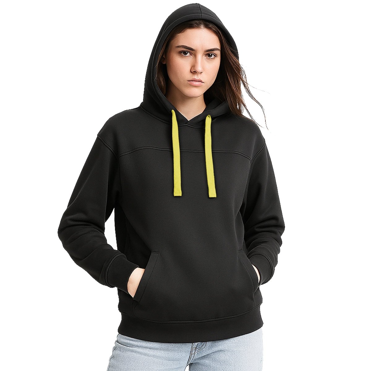 "ladies fly hoodie in Black with yellow, model front – Big Bee Workwear"