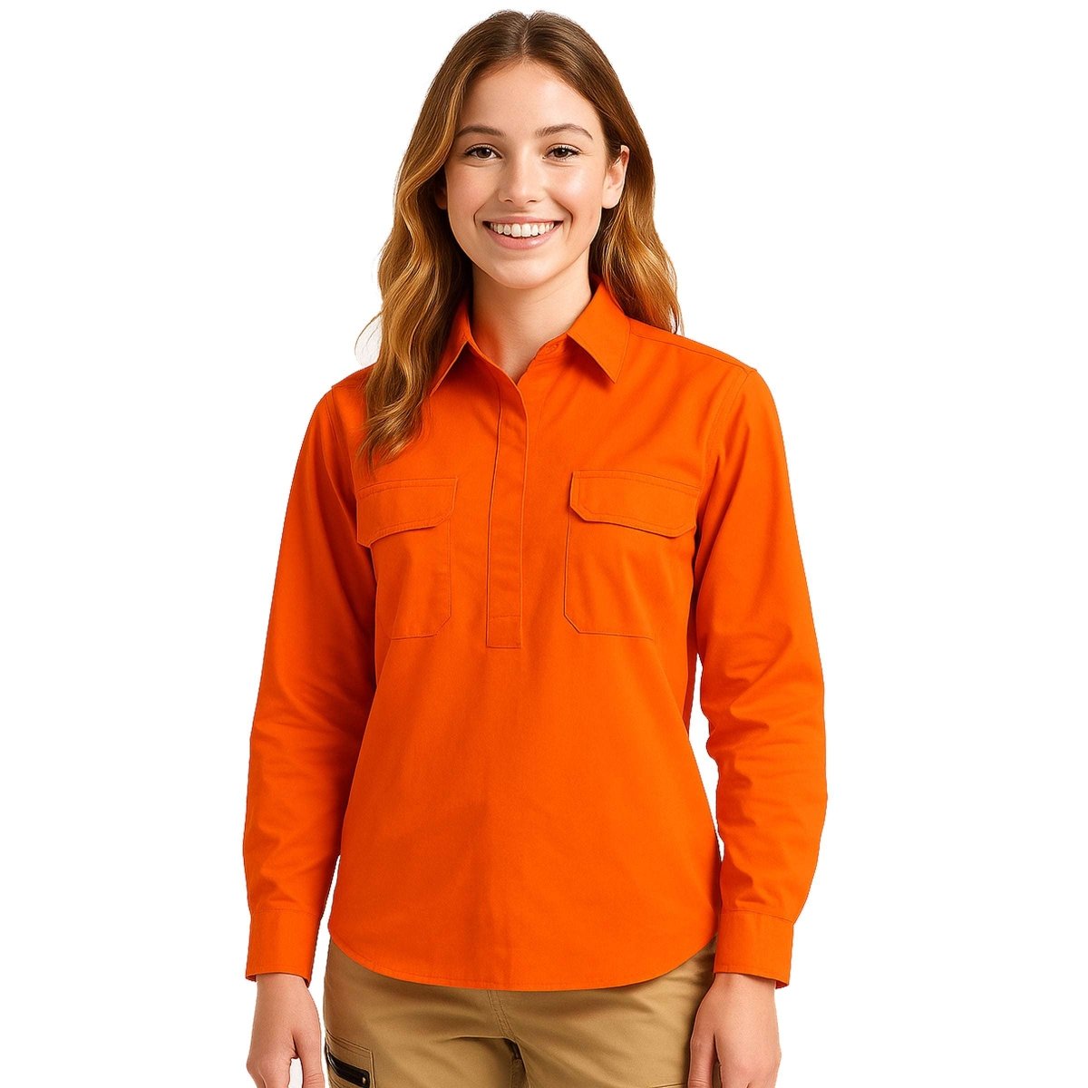 "Women’s Closed Front Lightweight Cotton Work shirt in orange, Long Sleeve, model front – Big Bee Workwear"