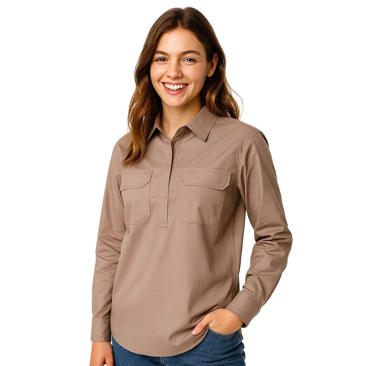 "Women’s Closed Front Lightweight Cotton Work shirt in khaki, Long Sleeve, model front – Big Bee Workwear"