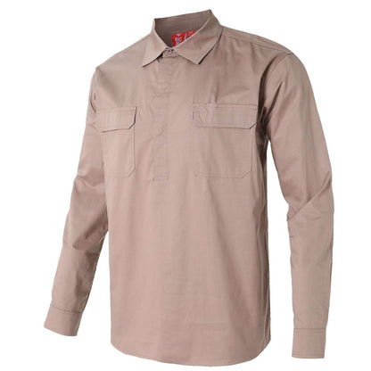 "Women’s Closed Front Lightweight Cotton Work shirt in khaki, Long Sleeve, side – Big Bee Workwear"