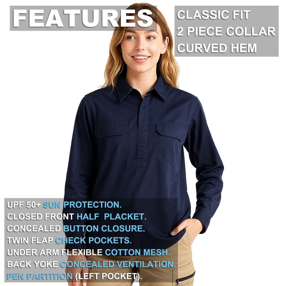 "Women’s Closed Front Lightweight Cotton Work shirt, Long Sleeve, key features – Big Bee Workwear"