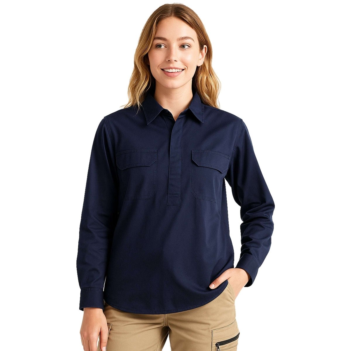 "Women’s Closed Front Lightweight Cotton Work shirt in navy blue, Long Sleeve, model front – Big Bee Workwear"
