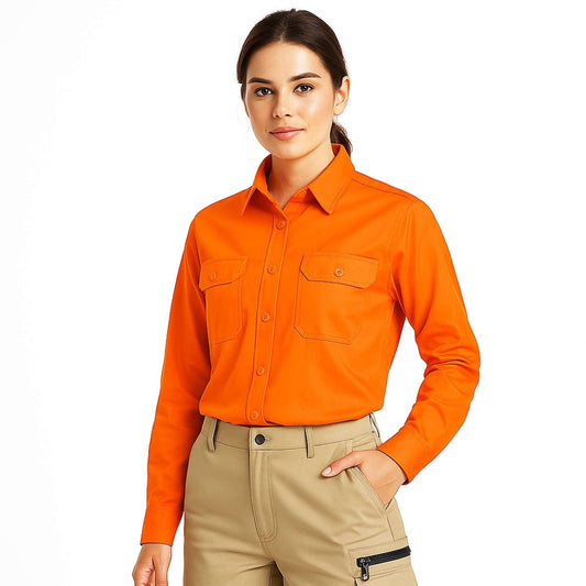 "Women’s Lightweight Cotton Work shirt in orange, Long Sleeve, model front – Big Bee Workwear"