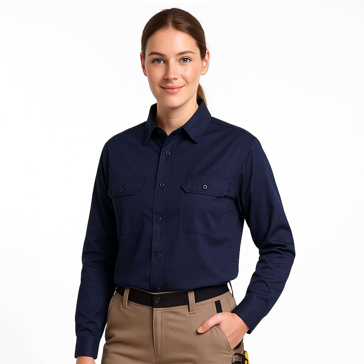 "Women’s Lightweight Cotton Work shirt in navy blue, Long Sleeve, model front – Big Bee Workwear"