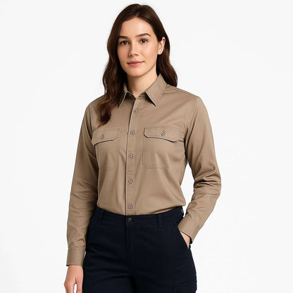 "Women’s Lightweight Cotton Work shirt in khaki, Long Sleeve, model front – Big Bee Workwear"