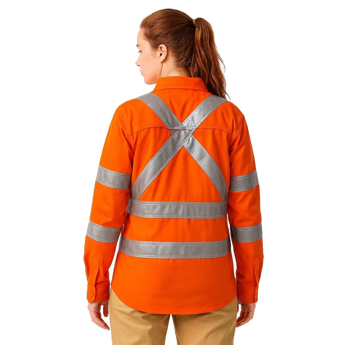 "Women’s Hi Vis Work shirt in Orange, X Back Reflective Tape, Long Sleeve, model back – Big Bee Workwear"