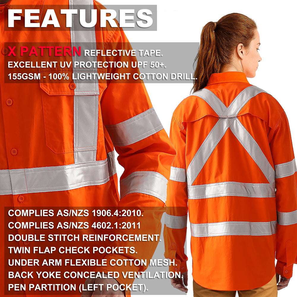 "Women’s Hi Vis Work shirt in Orange, X Back Reflective Tape, Long Sleeve, key features – Big Bee Workwear"