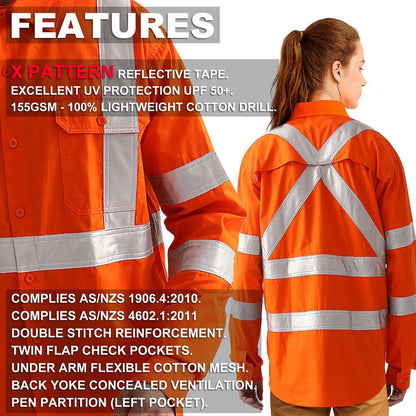 "Women’s Hi Vis Work shirt in Orange, X Back Reflective Tape, Long Sleeve, key features – Big Bee Workwear"