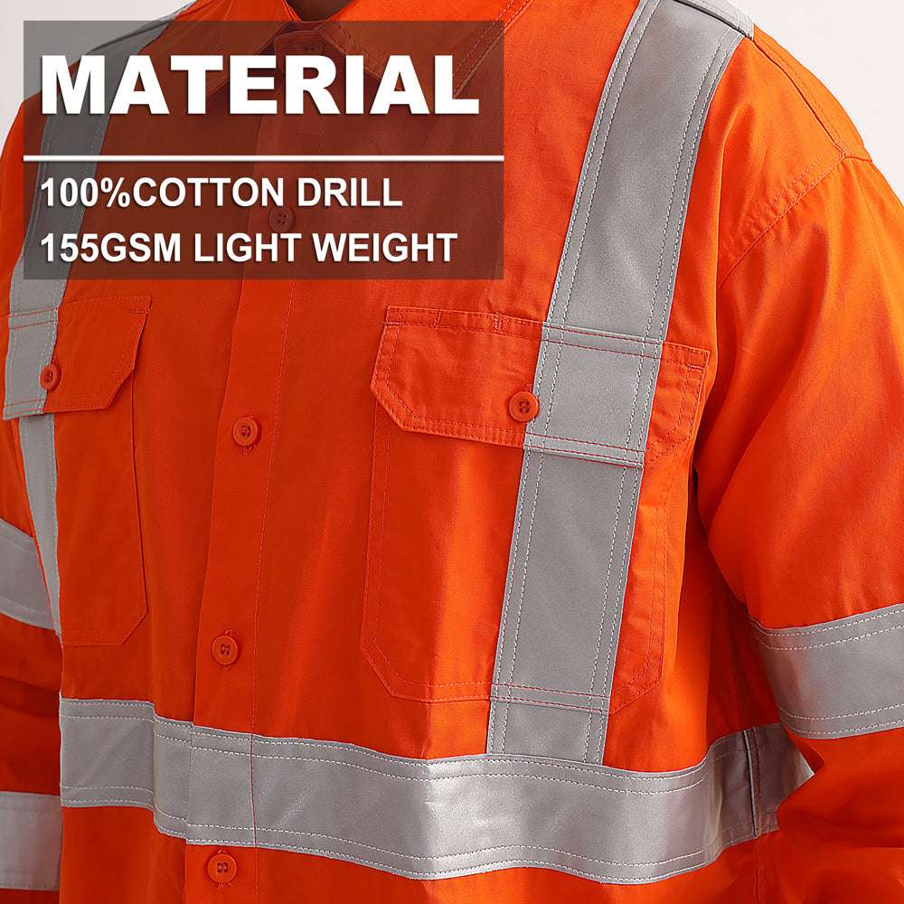 "Women’s Hi Vis Work shirt in Orange, X Back Reflective Tape, Long Sleeve, fabric close-up with info – Big Bee Workwear"