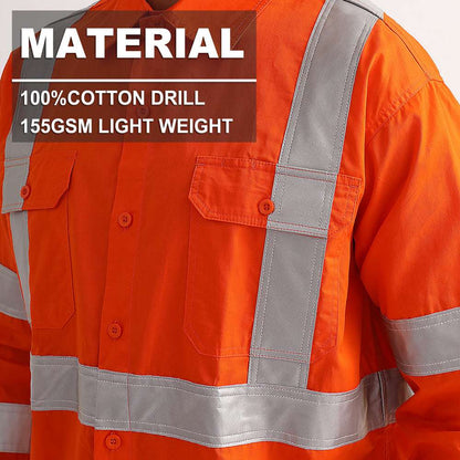 "Women’s Hi Vis Work shirt in Orange, X Back Reflective Tape, Long Sleeve, fabric close-up with info – Big Bee Workwear"
