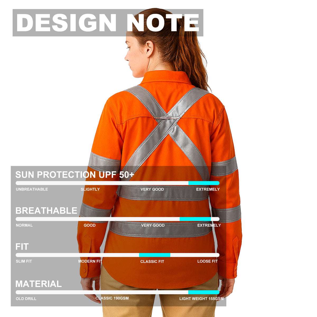 "Women’s Hi Vis Work Hi-Vis Work Shirt with Reflective Tape in Orange, X Back Reflective Tape, Long Sleeve, design notes – Big Bee Workwear"