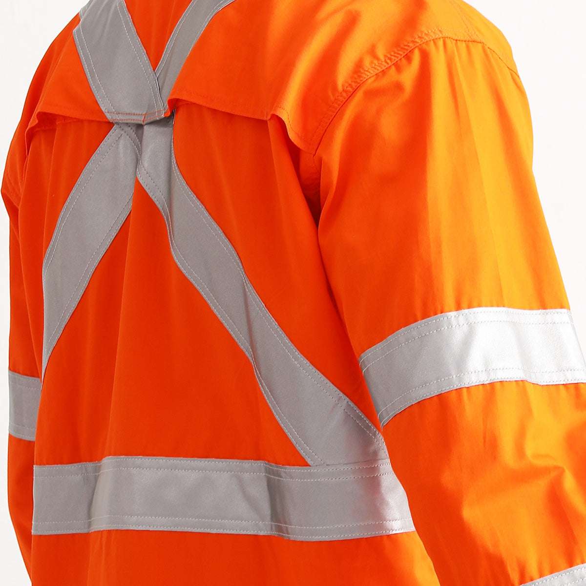 "Women’s Hi Vis Work shirt in Orange, X Back Reflective Tape, Long Sleeve, reflective tape detail close-up – Big Bee Workwear"