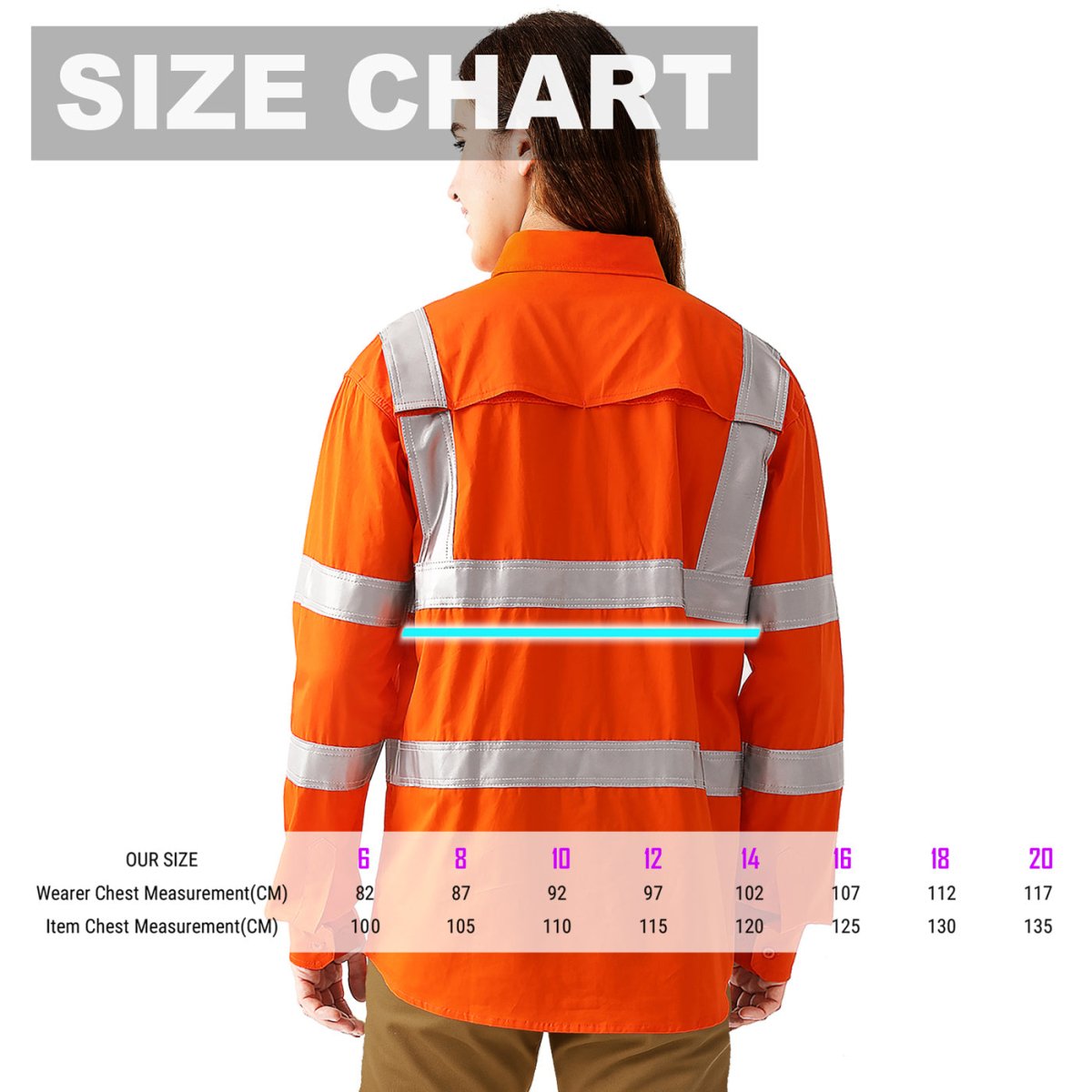 "Women’s Hi Vis Work shirt in orange reflective H back, Long Sleeve, size chart – Big Bee Workwear"