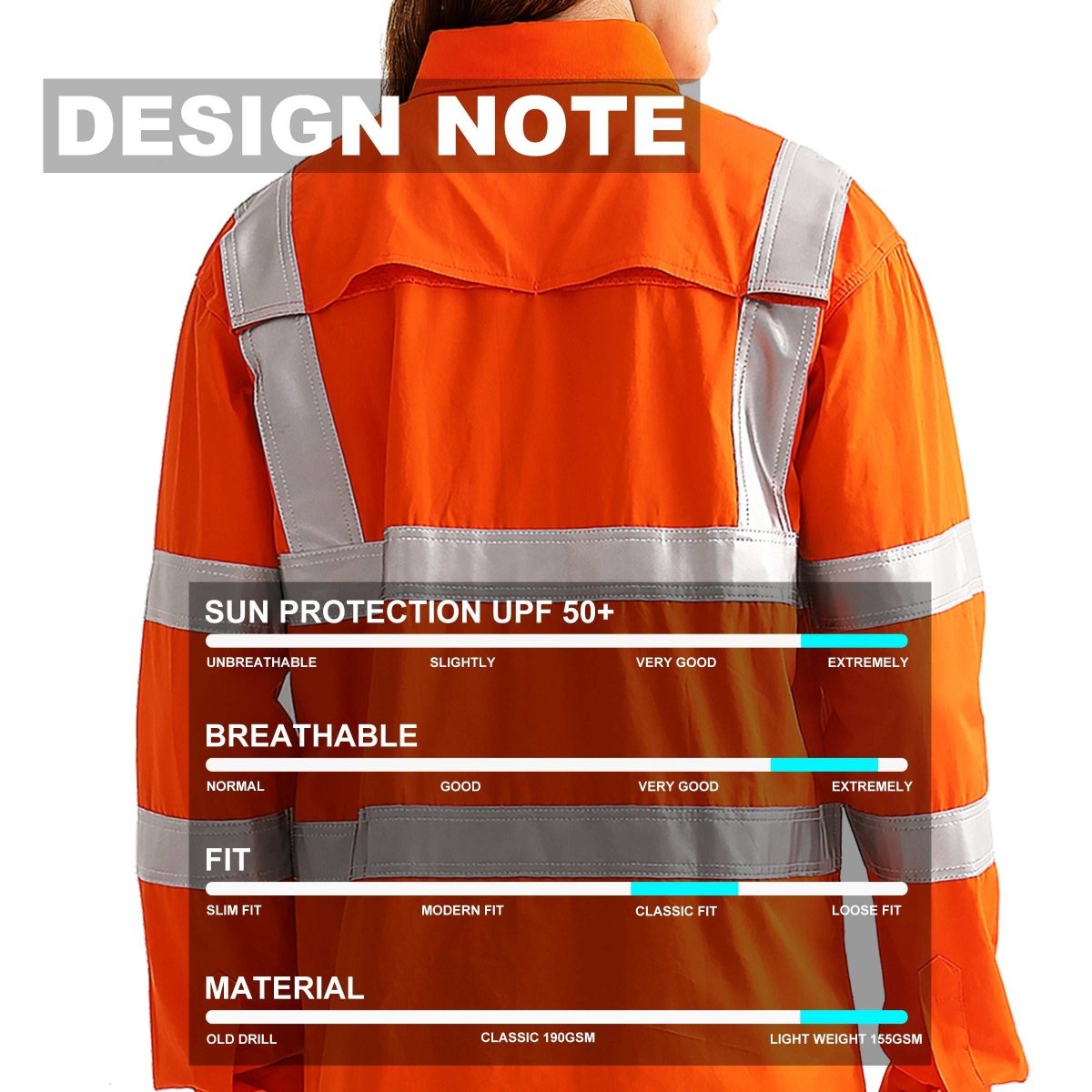 "Women’s Hi Vis Work Hi-Vis Work Shirt with Reflective Tape in orange reflective H back, Long Sleeve, design notes – Big Bee Workwear"