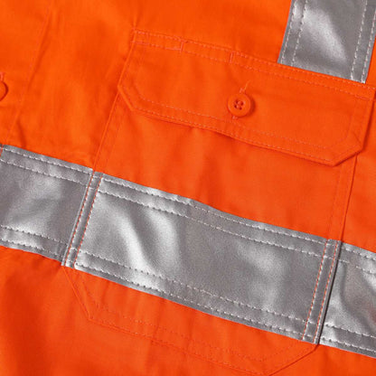 "Women’s Hi Vis Work shirt in orange reflective H back, Long Sleeve, pocket detail close-up – Big Bee Workwear"