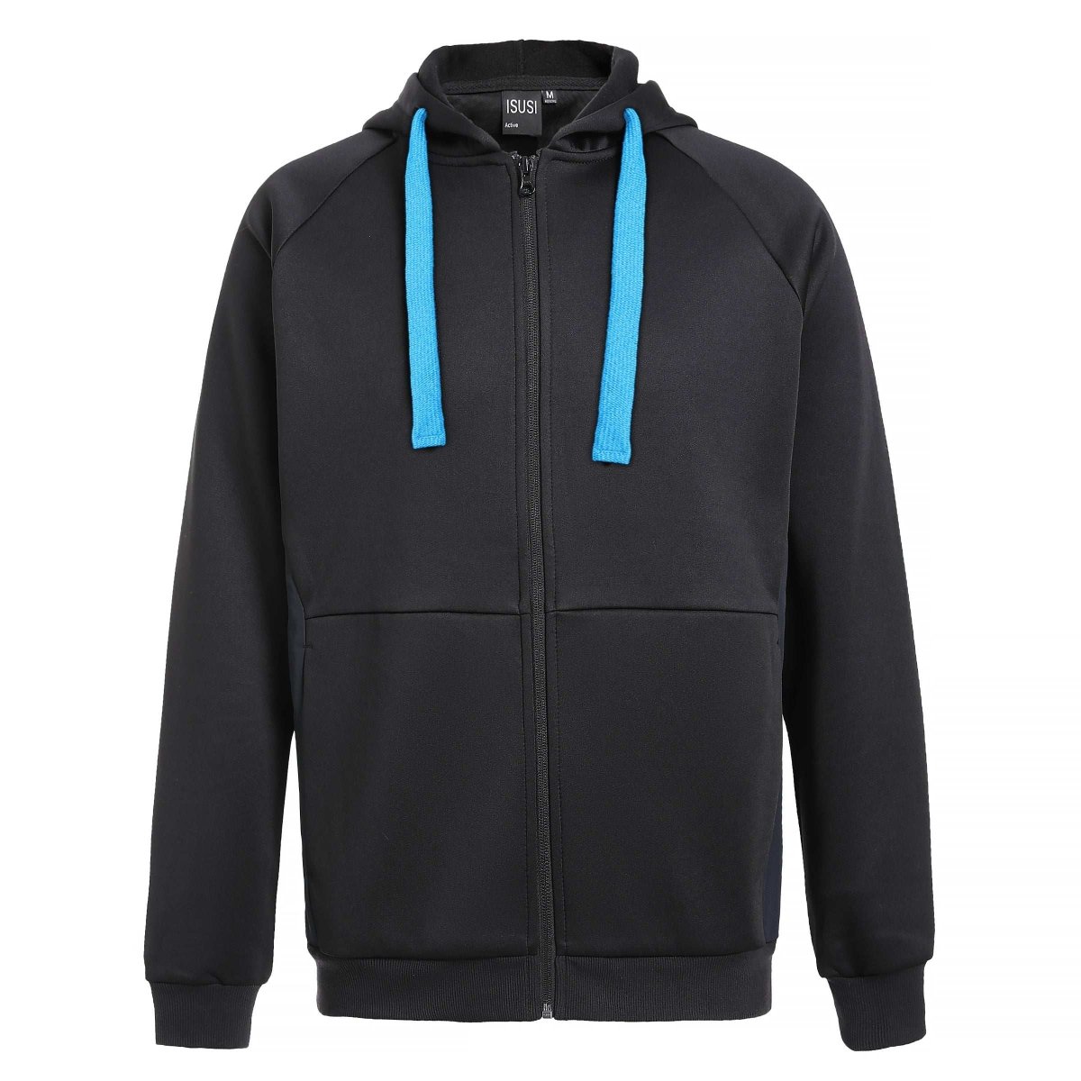 "wonder zip hoodie in Black with Aqua Blue, front – Big Bee Workwear"