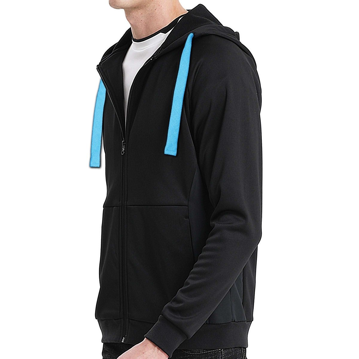 "wonder zip hoodie in Black with Aqua Blue, model side – Big Bee Workwear"