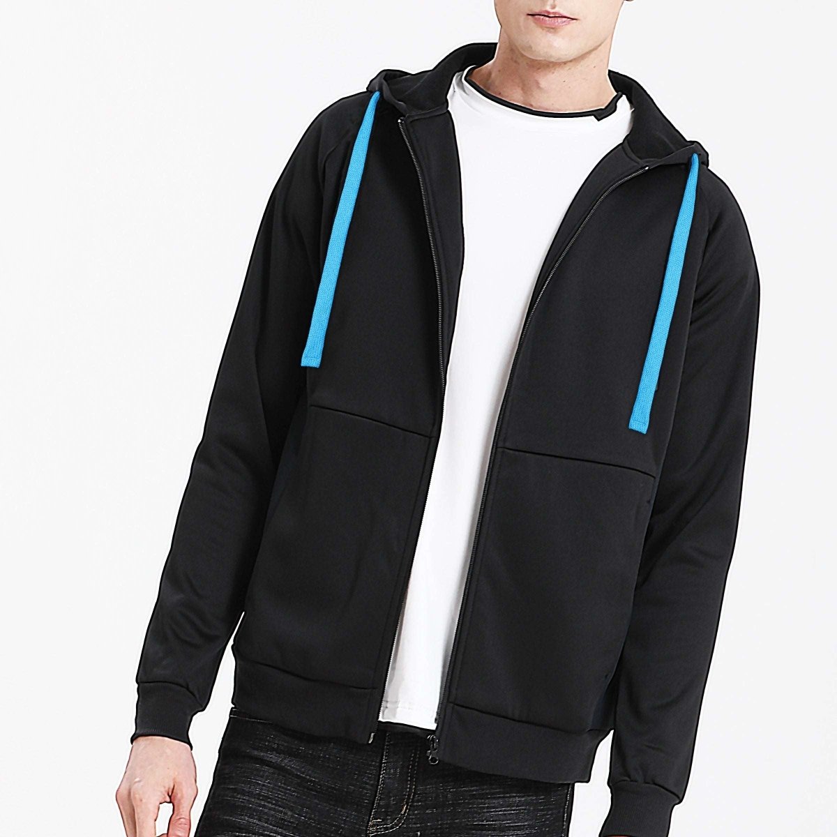 "wonder zip hoodie in Black with Aqua Blue, model front – Big Bee Workwear"