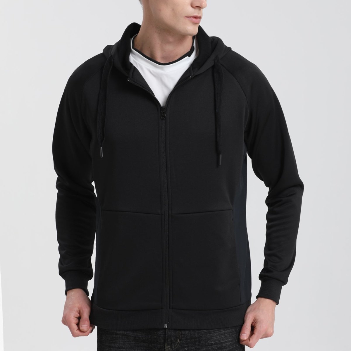 "wonder zip hoodie in black, model front – Big Bee Workwear"