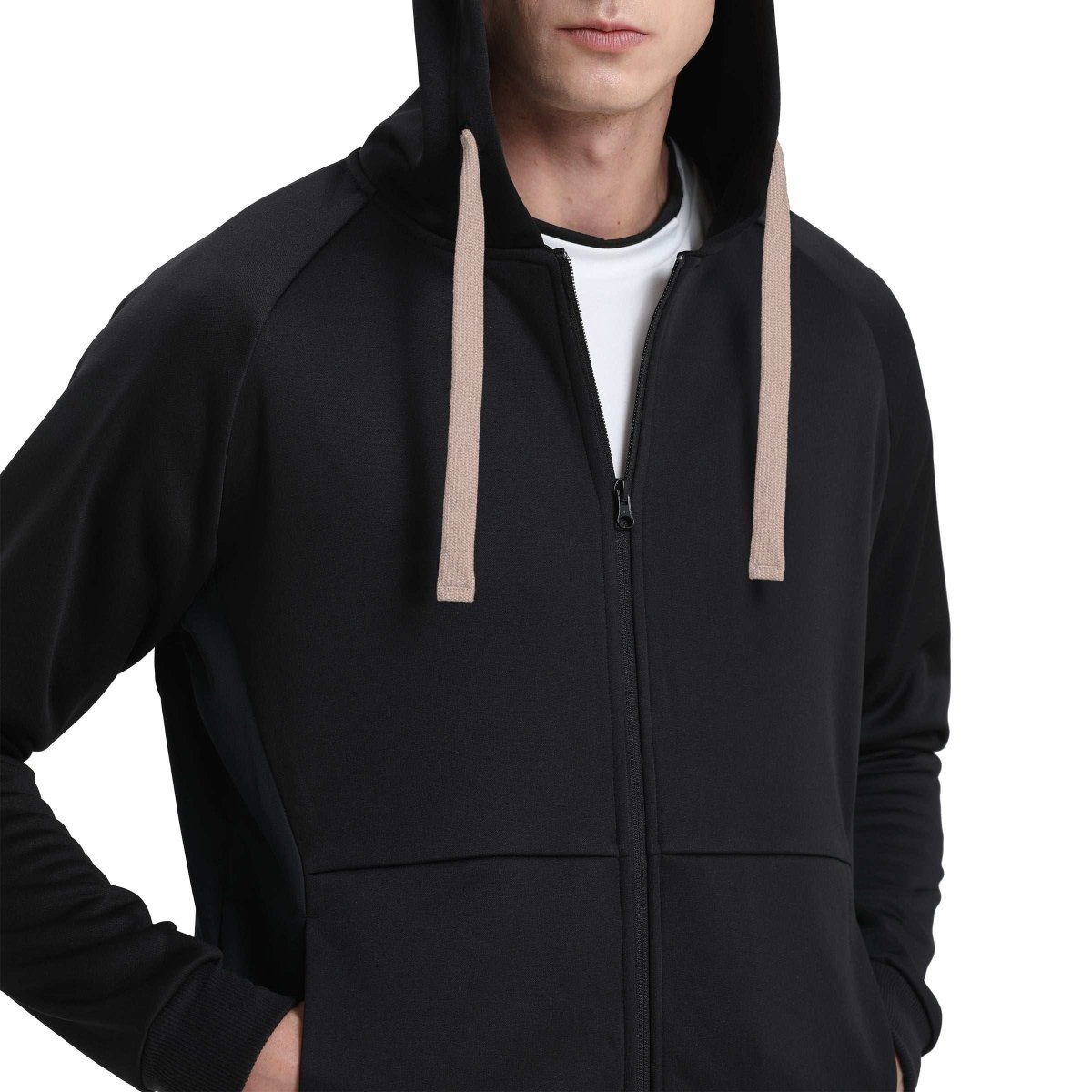 "wonder zip hoodie in Black with gold champagne, model posed – Big Bee Workwear"