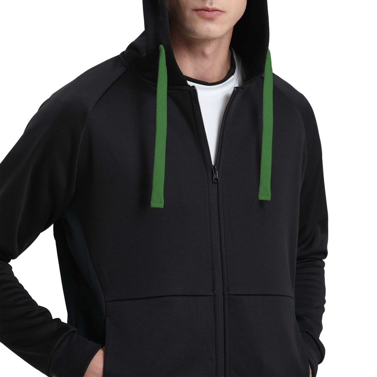 "wonder zip hoodie in Black with green, model posed – Big Bee Workwear"
