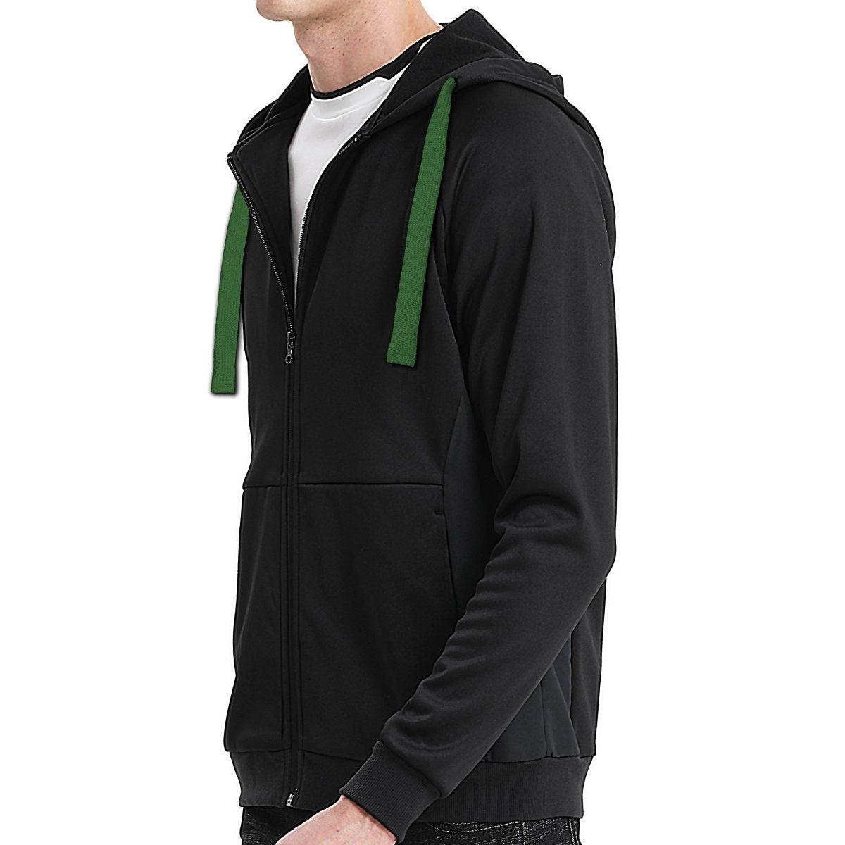 "wonder zip hoodie in Black with green, model side – Big Bee Workwear"