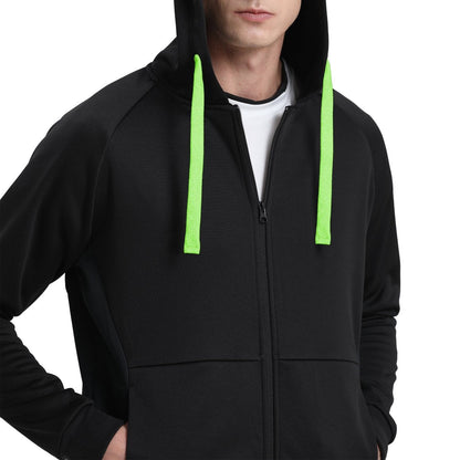 "wonder zip hoodie in Black with green lime, model posed – Big Bee Workwear"