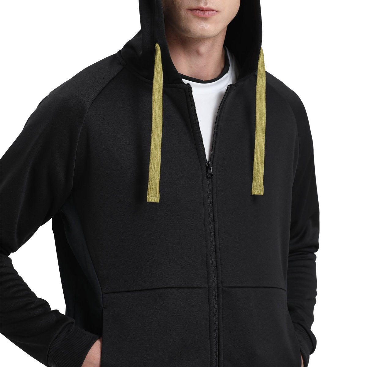 "wonder zip hoodie in Black with green savannah, model posed – Big Bee Workwear"