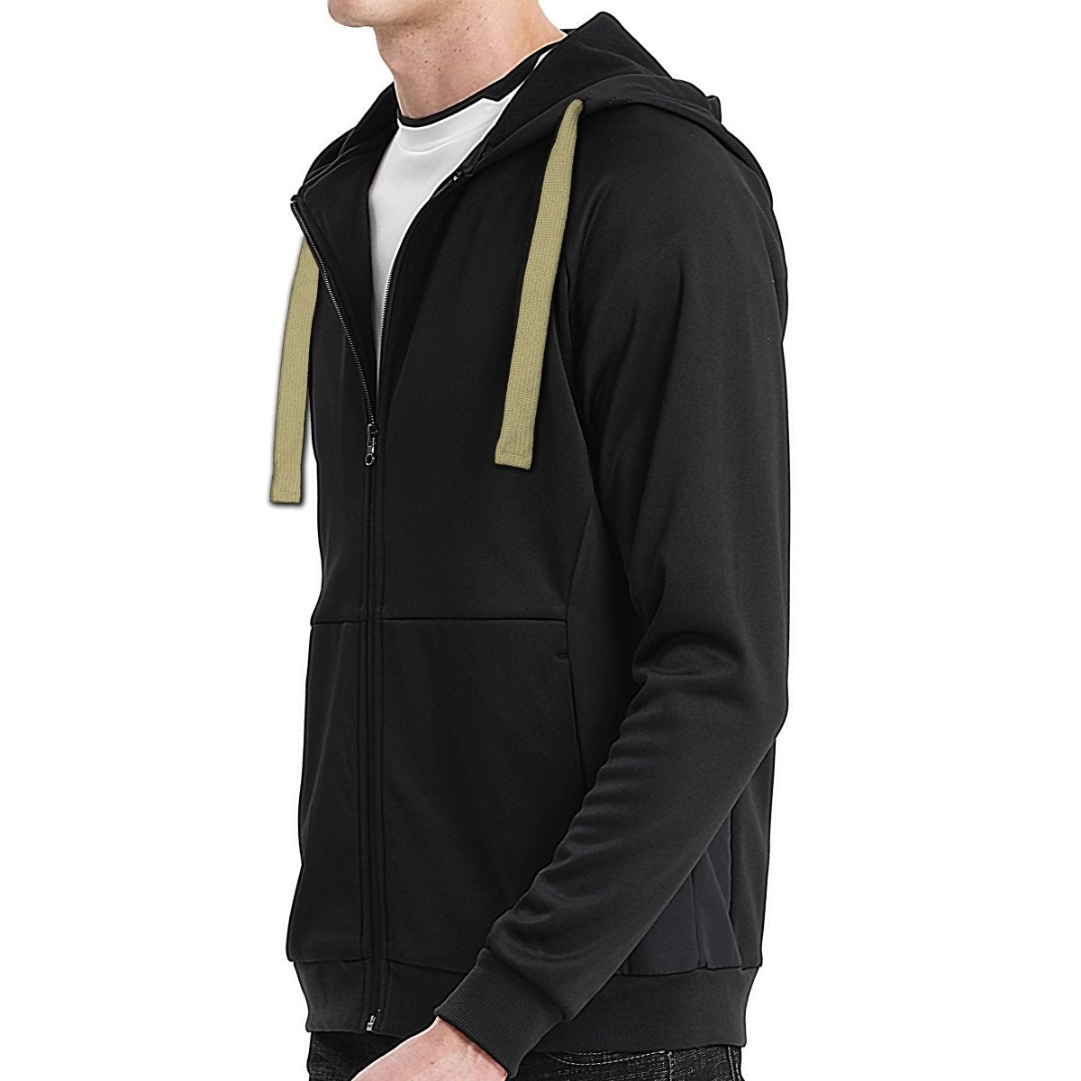 "wonder zip hoodie in Black with green savannah, model side – Big Bee Workwear"