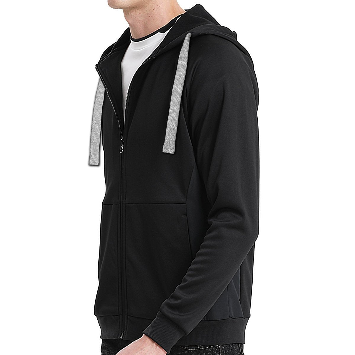 "wonder zip hoodie in Black with grey, model side – Big Bee Workwear"