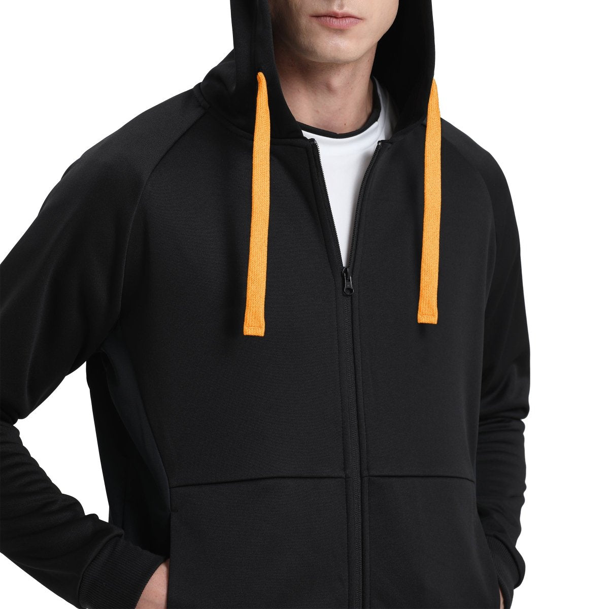 "wonder zip hoodie in Black with orange, model posed – Big Bee Workwear"