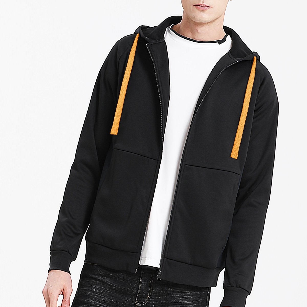 "wonder zip hoodie in Black with orange, model front – Big Bee Workwear"