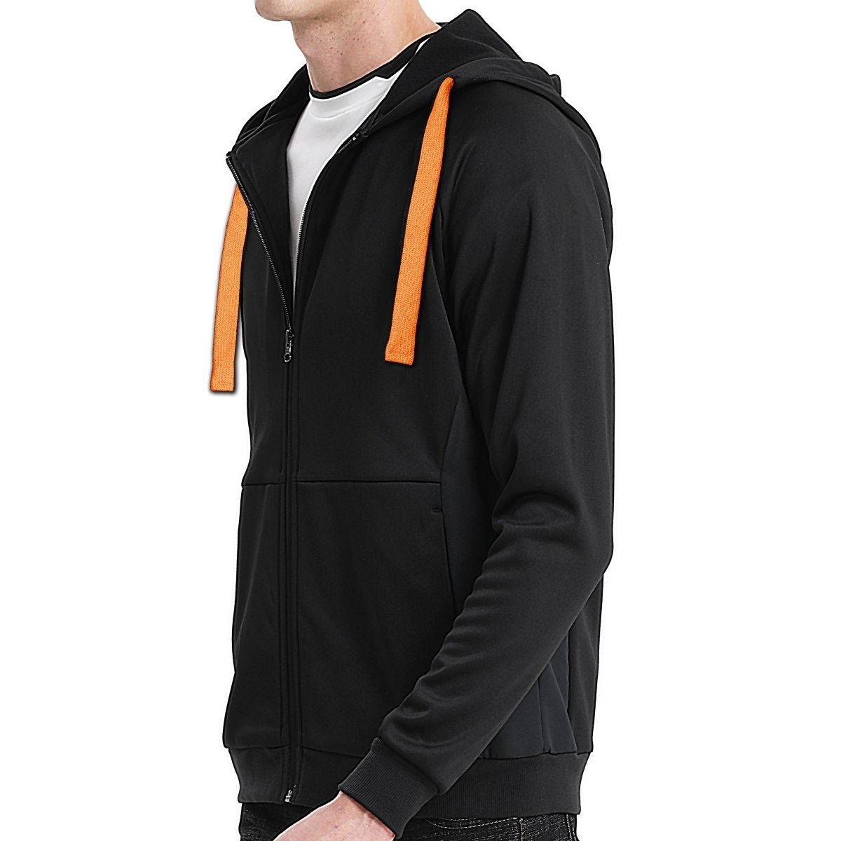 "wonder zip hoodie in Black with orange, model side – Big Bee Workwear"
