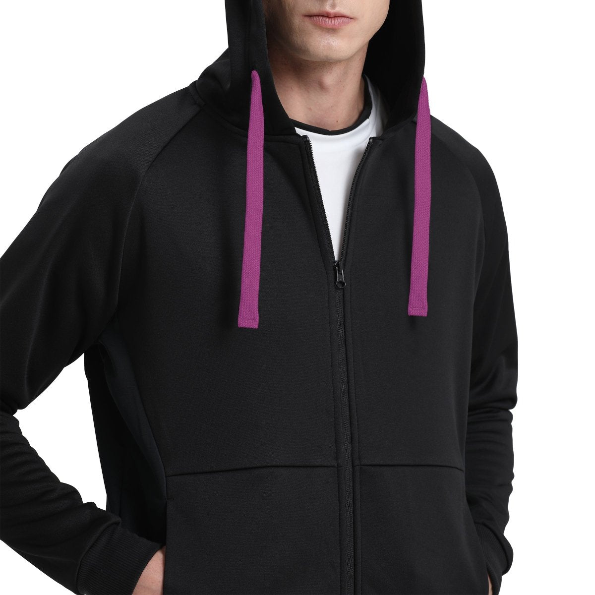 "wonder zip hoodie in Black with pink magenta, model posed – Big Bee Workwear"