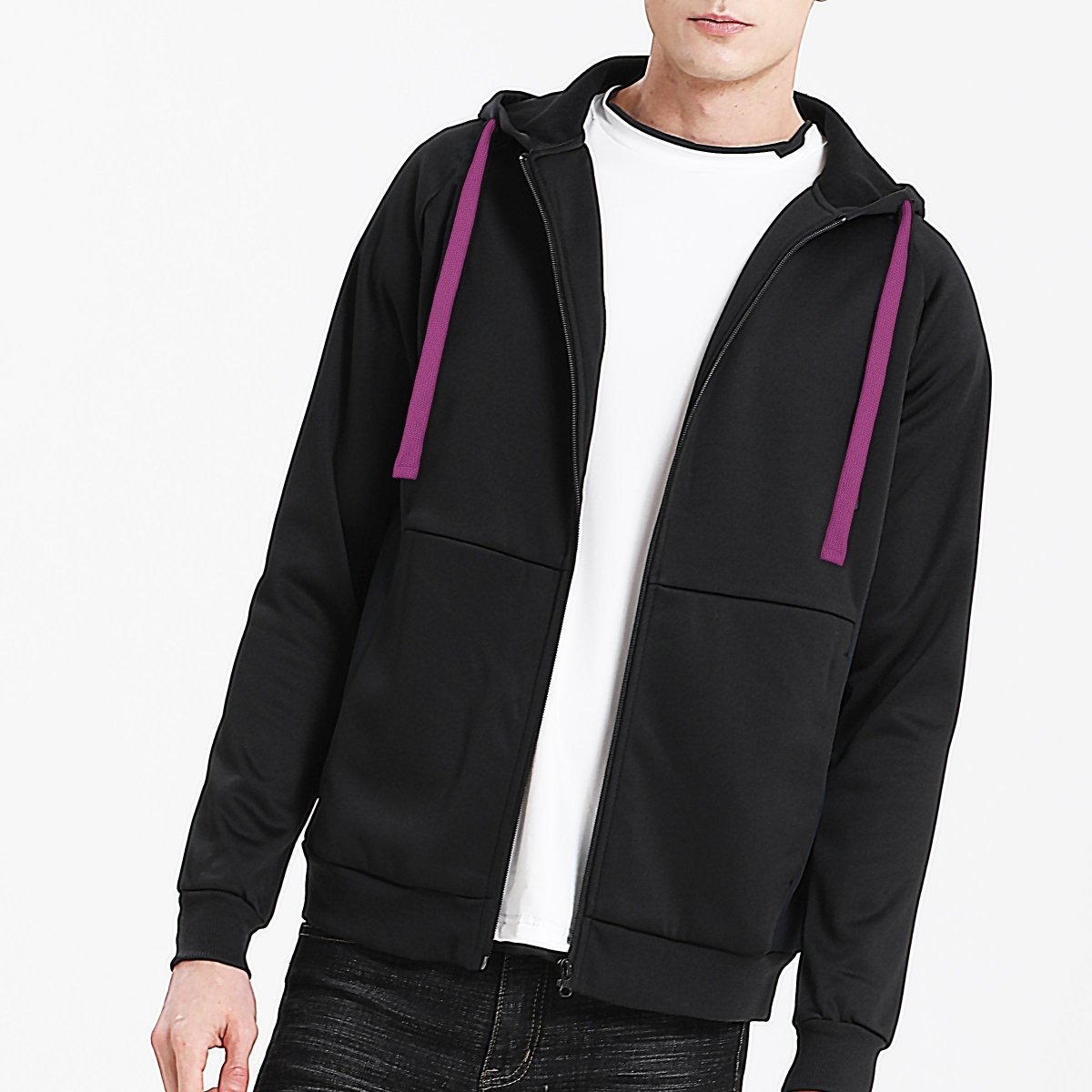 "wonder zip hoodie in Black with pink magenta, model front – Big Bee Workwear"
