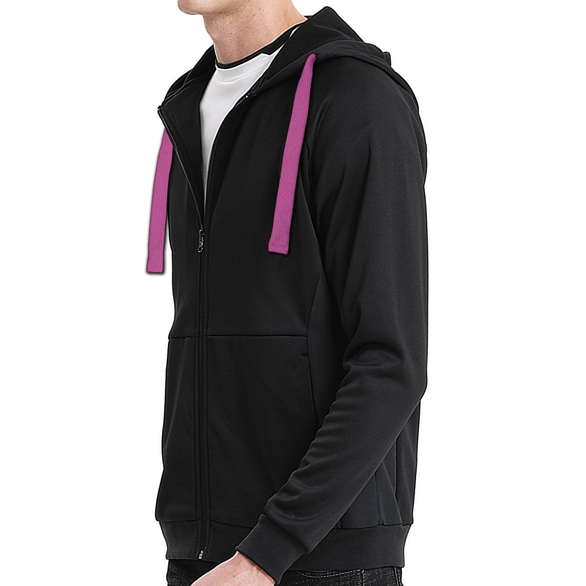 "wonder zip hoodie in Black with pink magenta, model side – Big Bee Workwear"