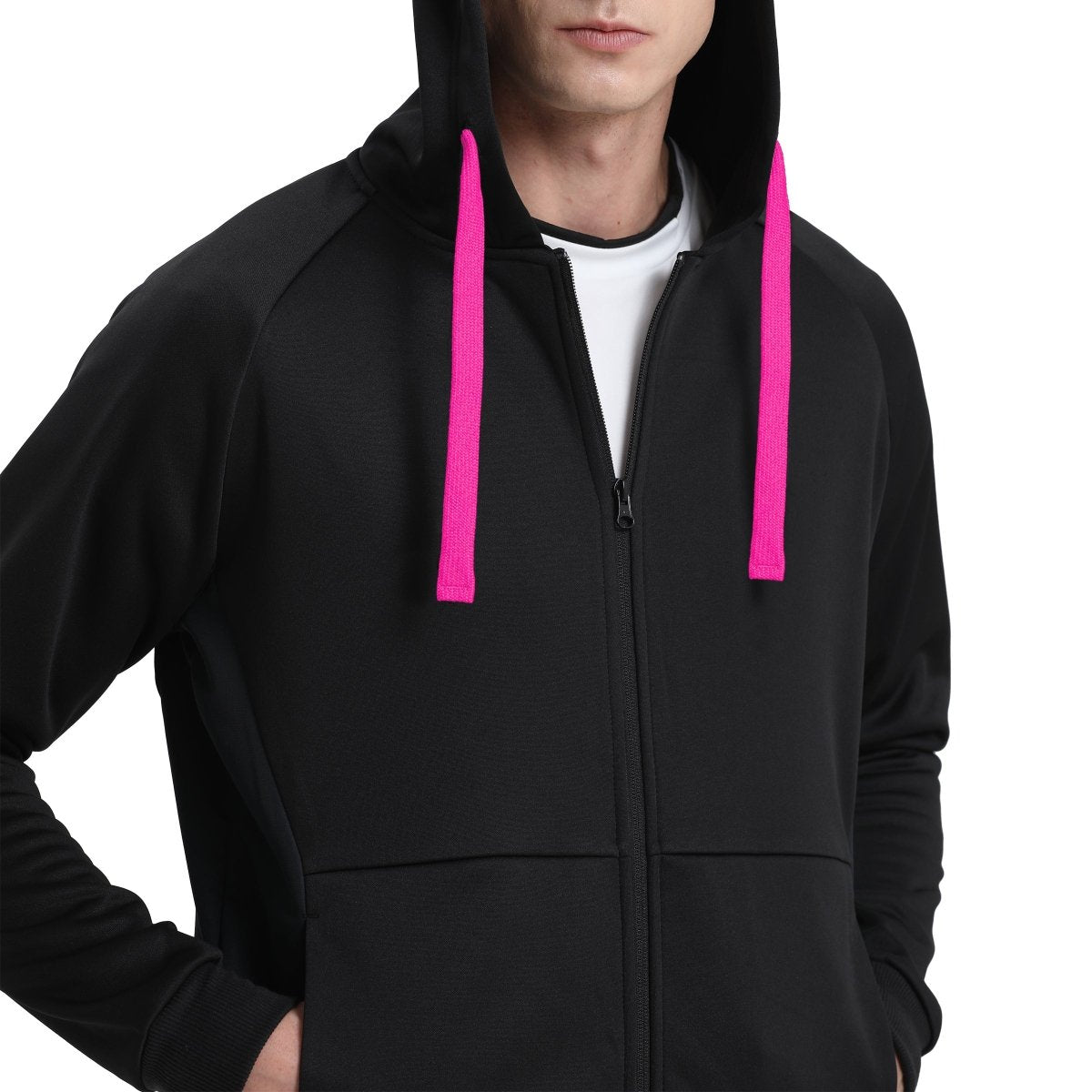 "wonder zip hoodie in Black with pink, model posed – Big Bee Workwear"