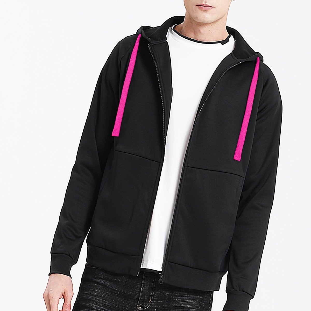 "wonder zip hoodie in Black with pink, model front – Big Bee Workwear"