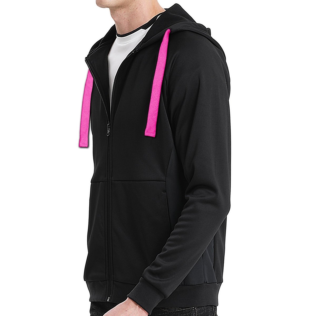 "wonder zip hoodie in Black with pink, model side – Big Bee Workwear"