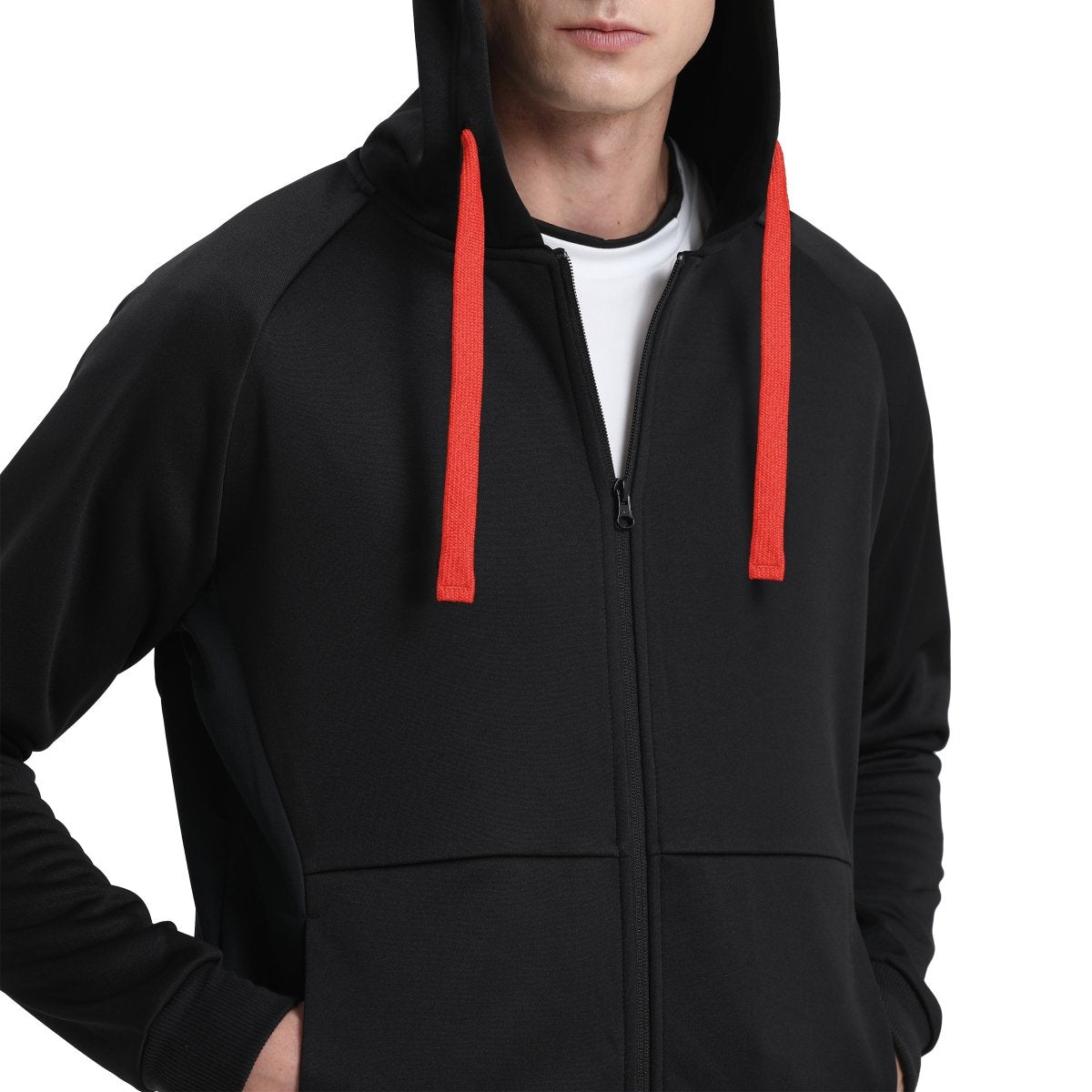 "wonder zip hoodie in Black with red, model posed – Big Bee Workwear"