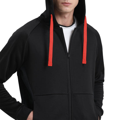 "wonder zip hoodie in Black with red, model posed – Big Bee Workwear"