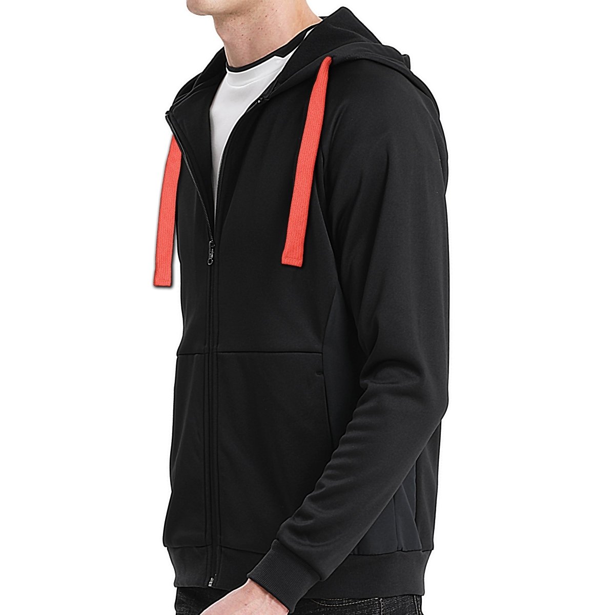 "wonder zip hoodie in Black with red, model side – Big Bee Workwear"