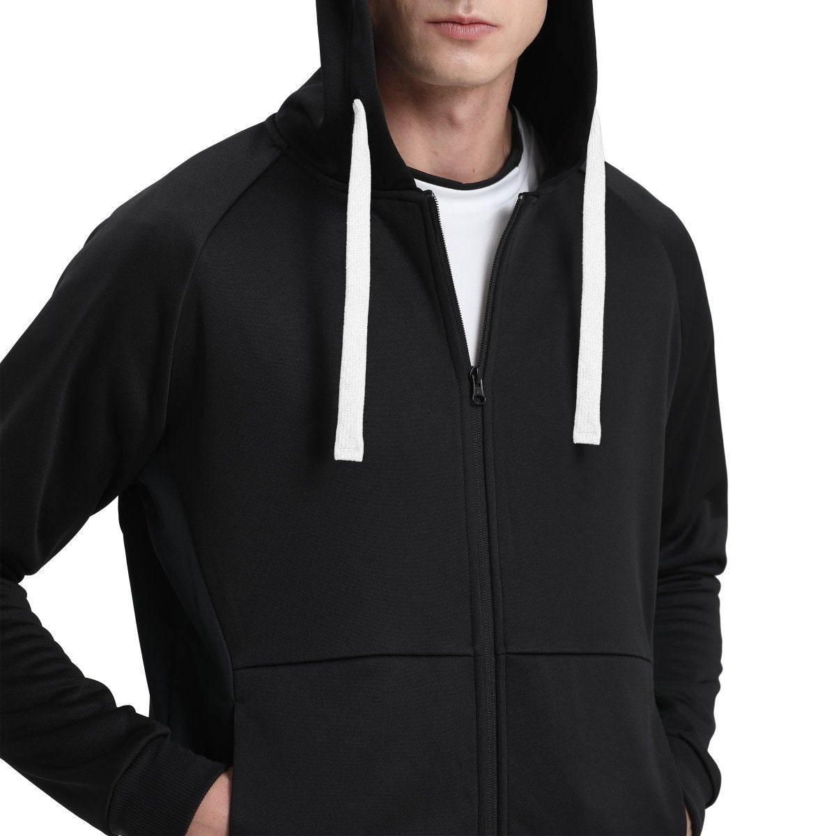 "wonder zip hoodie in Black with white, model posed – Big Bee Workwear"