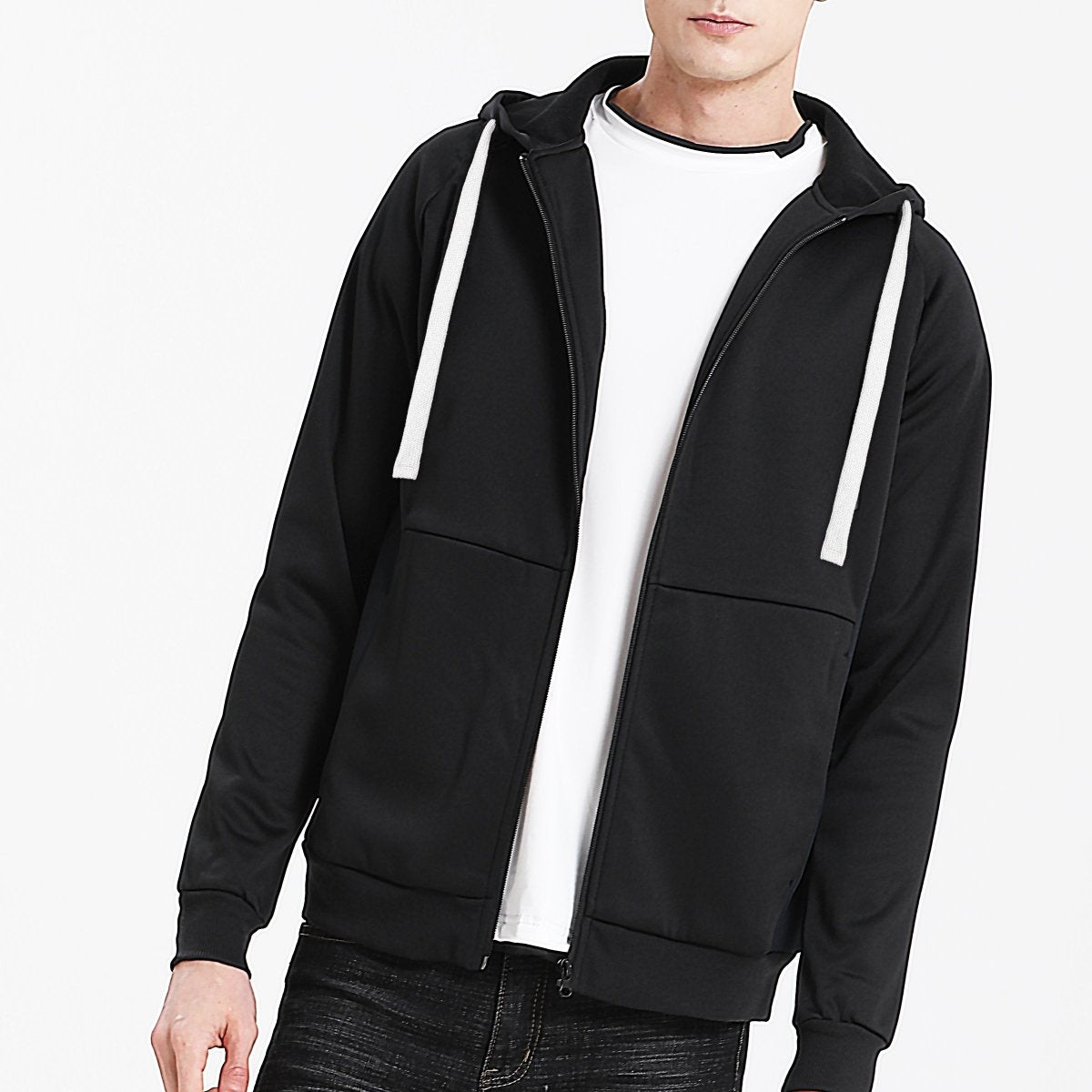 "wonder zip hoodie in Black with white, model front – Big Bee Workwear"