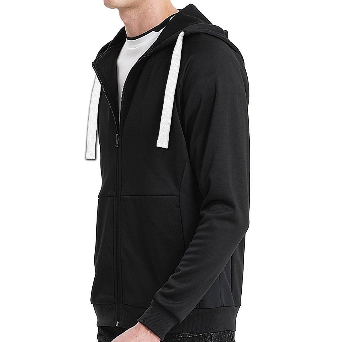 "wonder zip hoodie in Black with white, model side – Big Bee Workwear"