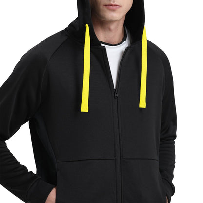 "wonder zip hoodie in Black with yellow, model posed – Big Bee Workwear"