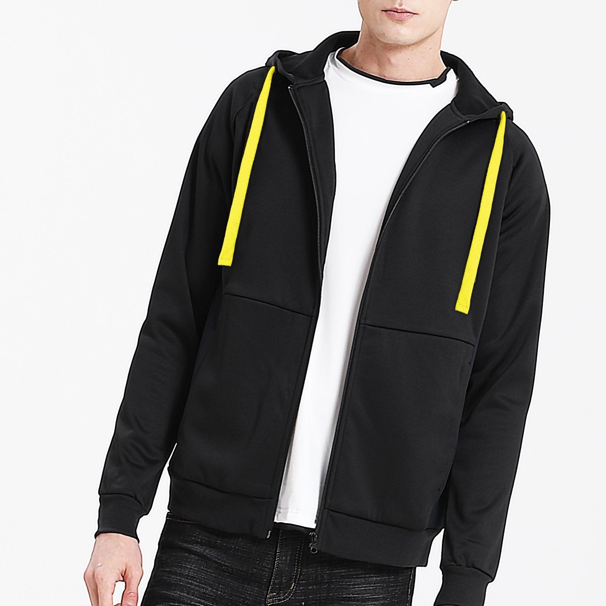"wonder zip hoodie in Black with yellow, model front – Big Bee Workwear"