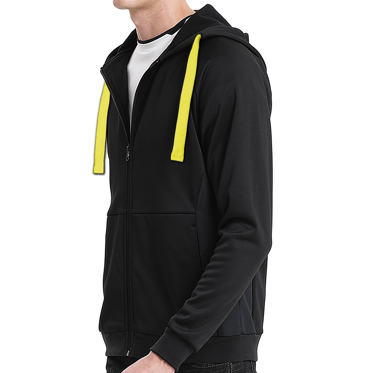 "wonder zip hoodie in Black with yellow, model side – Big Bee Workwear"