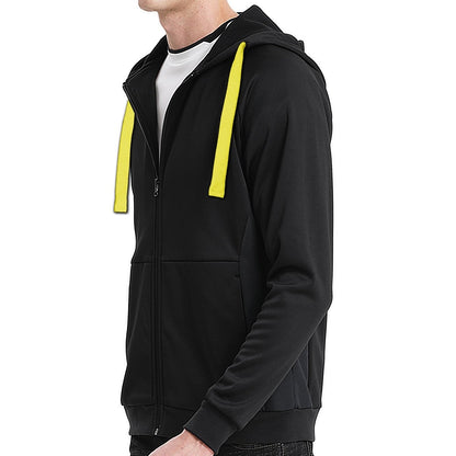 "wonder zip hoodie in Black with yellow, model side – Big Bee Workwear"
