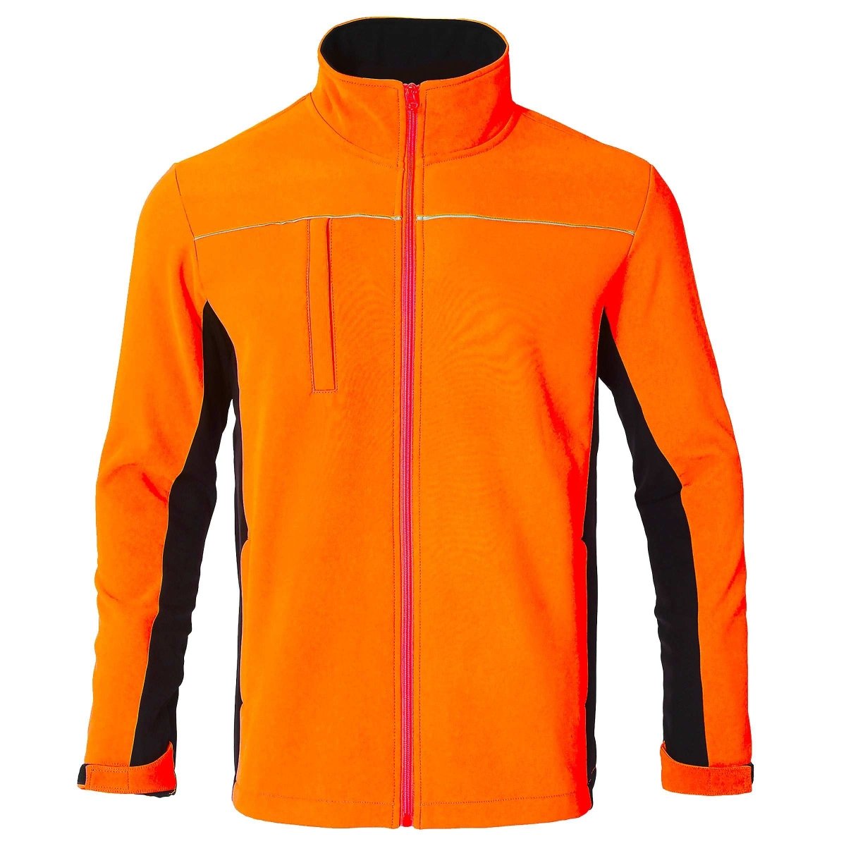 "panel-work softshell jacket in orange black, front – Big Bee Workwear"